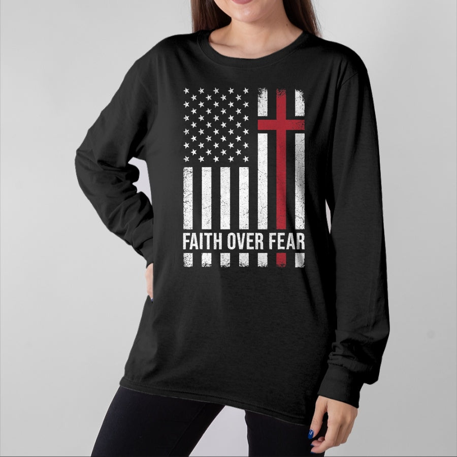 Christian Tee, Christian Faith Unisex T-Shirt/Hoodie/Sweatshirt HLT00 - Christian US USA Flag American Christ Faith Over Fear Cross T-Shirt