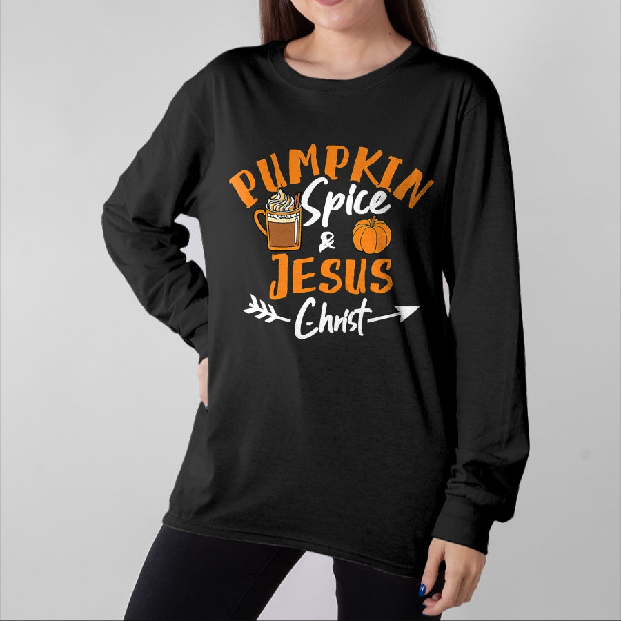 Christian Tee, Christian Faith Unisex T-Shirt/Hoodie/Sweatshirt HLT00 - Halloween Christian Pumpkin Spice And Jesus Christ Fall Leaf T-Shirt