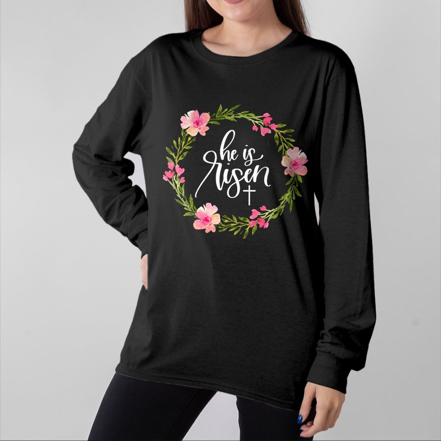 Christian Tee, Christian Faith Unisex T-Shirt/Hoodie/Sweatshirt HLT00 - He is Risen Jesus Christian Happy Easter Floral Wreath Shirt T-Shirt