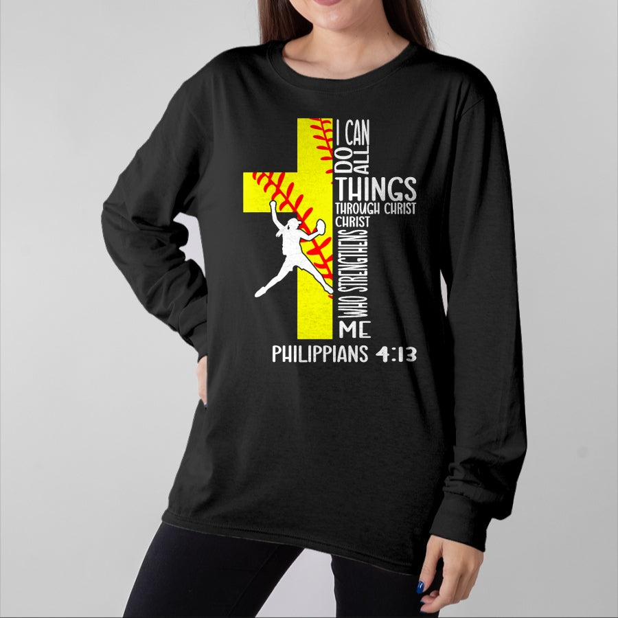 Christian Tee, Christian Faith Unisex T-Shirt/Hoodie/Sweatshirt HLT00 - I Can Do All Things Through Christ Softball Christian Bible T-Shirt