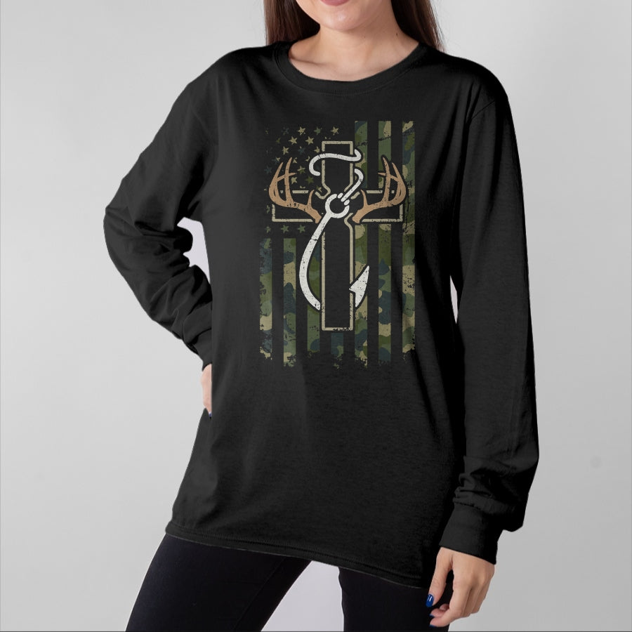 Christian Tee, Christian Faith Unisex T-Shirt/Hoodie/Sweatshirt HLT00 - Hunting Fishing Faith - Christian Hunter Fisherman Camo USA T-Shirt