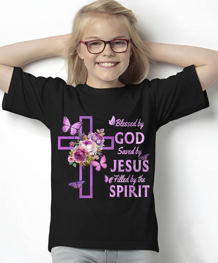 Blessed by God Saved by Jesus Purple Floral Cross Christian T-Shirt- For Women - Virgo00 (SKU2807-NI-08)