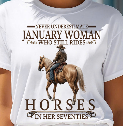 JANUARY SHIRT, A WOMAN WHO STILL RIDES HORSES IN HER SEVENTIES - Virgo01 (SKU2604-287-01)