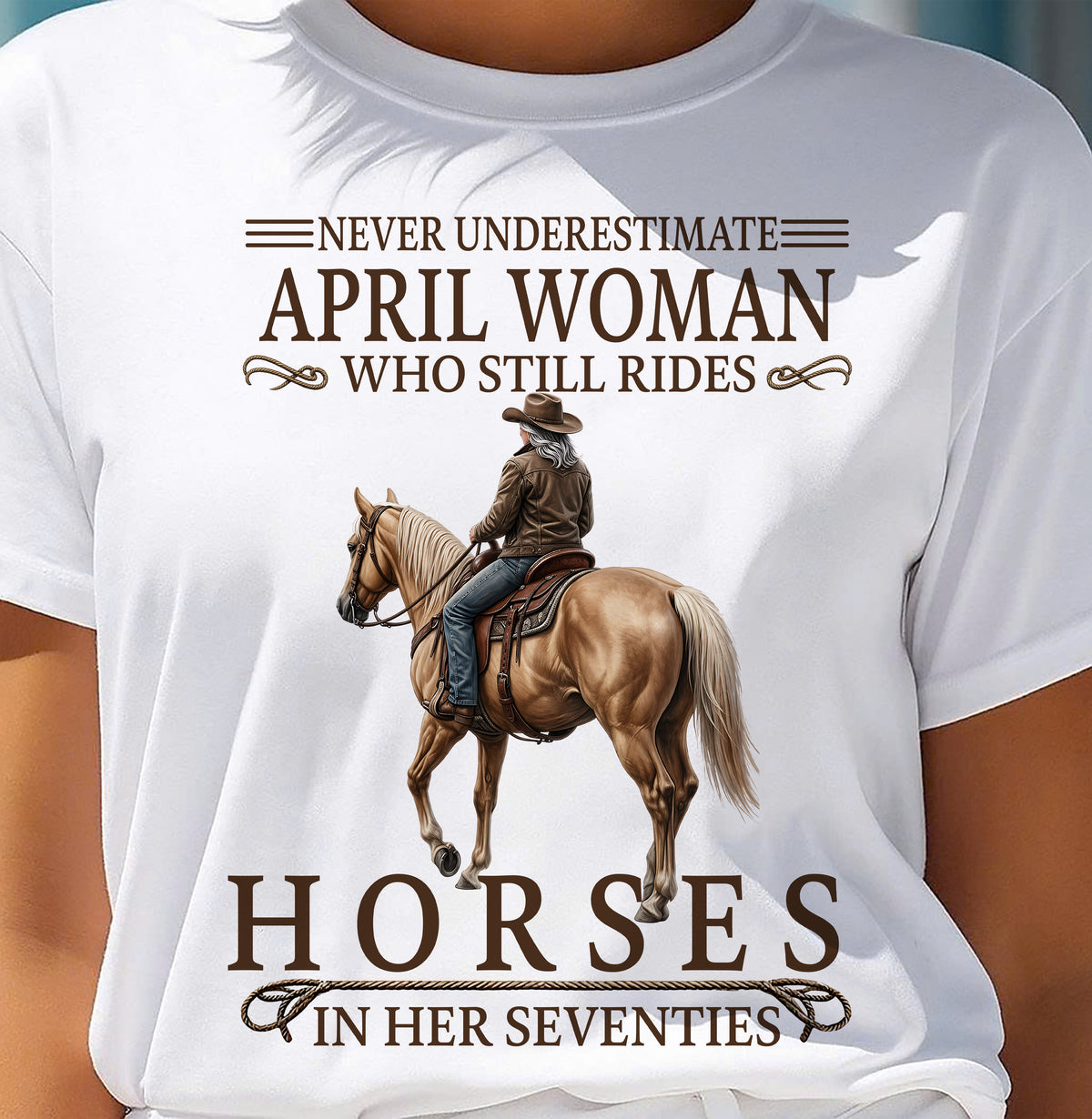 APRIL SHIRT, A WOMAN WHO STILL RIDES HORSES IN HER SEVENTIES - Virgo04 (SKU2604-287-04)