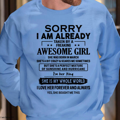 March - Sorry I Am Already Taken By A Freaking Awesome Girl - Gift For Husband From Wife - Virgo03 (SKU-TSRGIRL-03)