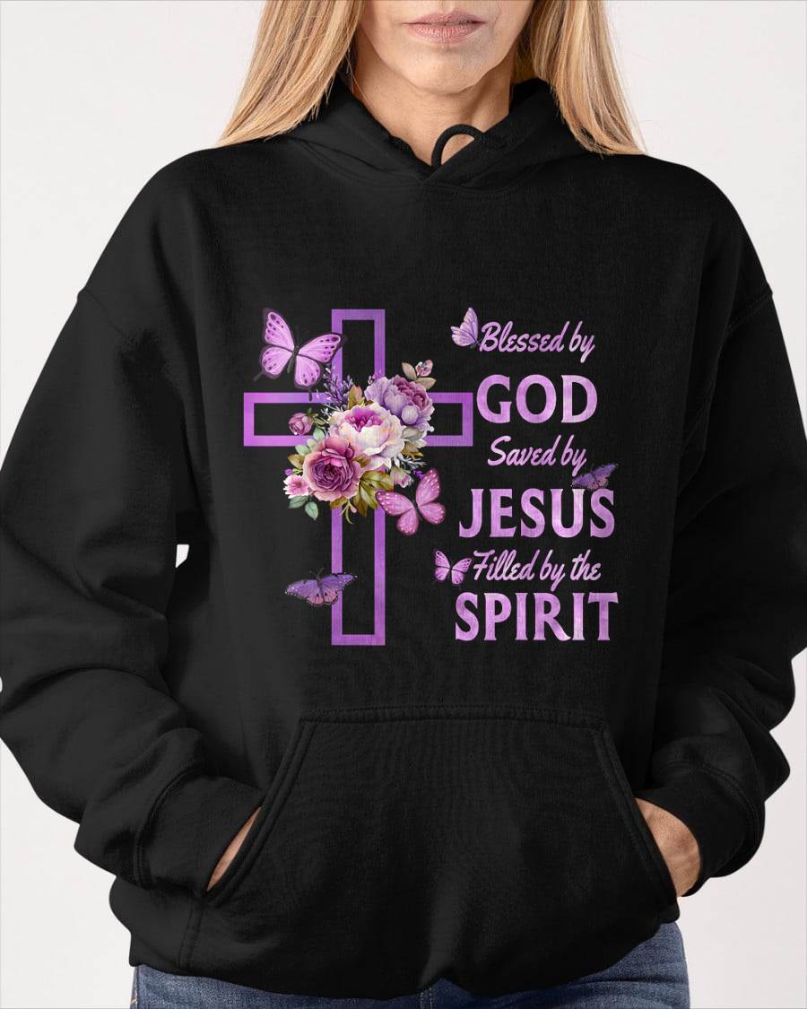 Blessed by God Saved by Jesus Purple Floral Cross Christian T-Shirt- For Women - Virgo00 (SKU2807-NI-08)