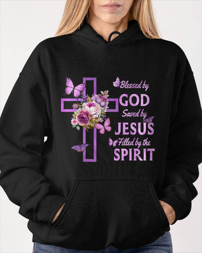 Blessed by God Saved by Jesus Purple Floral Cross Christian T-Shirt- For Women - Virgo00 (SKU2807-NI-08)