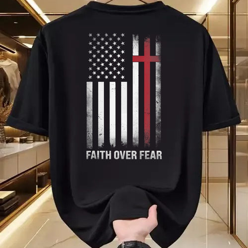 Christian Tee, Christian Faith Unisex T-Shirt/Hoodie/Sweatshirt HLT00 - Christian US USA Flag American Christ Faith Over Fear Cross T-Shirt (1)