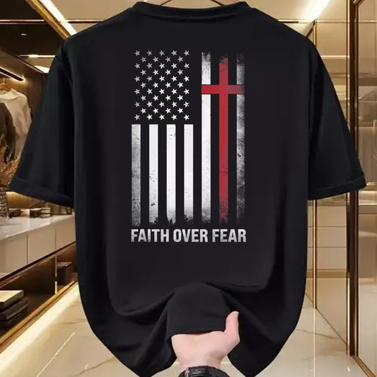 Christian Tee, Christian Faith Unisex T-Shirt/Hoodie/Sweatshirt HLT00 - Christian US USA Flag American Christ Faith Over Fear Cross T-Shirt (1)