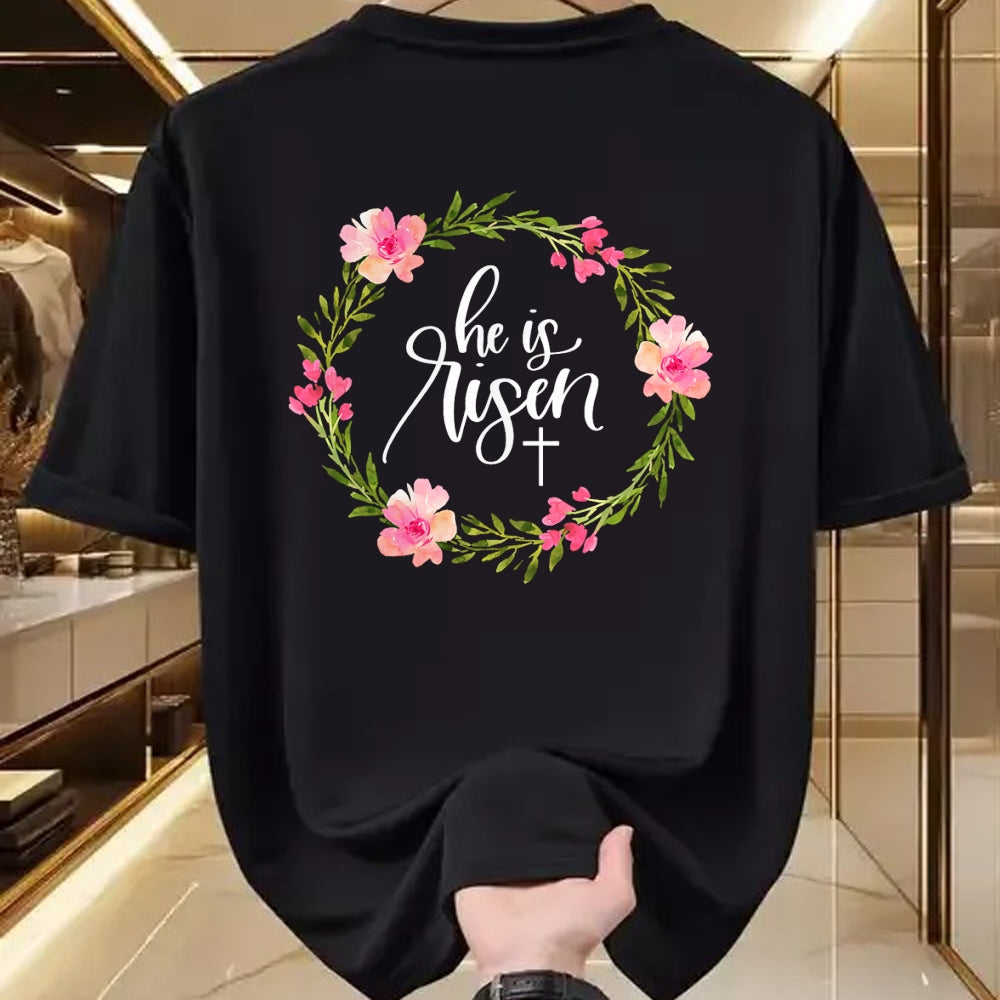 Christian Tee, Christian Faith Unisex T-Shirt/Hoodie/Sweatshirt HLT00 - He is Risen Jesus Christian Happy Easter Floral Wreath Shirt T-Shirt