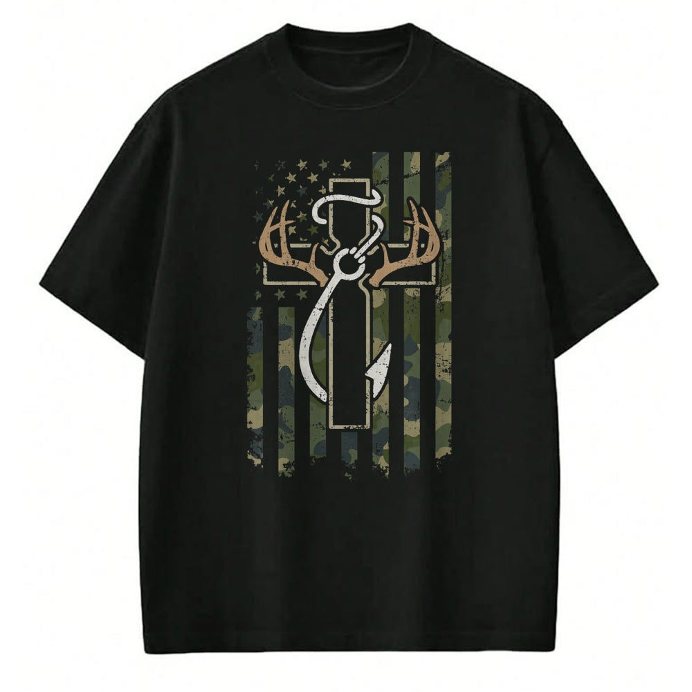 Christian Tee, Christian Faith Unisex T-Shirt/Hoodie/Sweatshirt HLT00 - Hunting Fishing Faith - Christian Hunter Fisherman Camo USA T-Shirt
