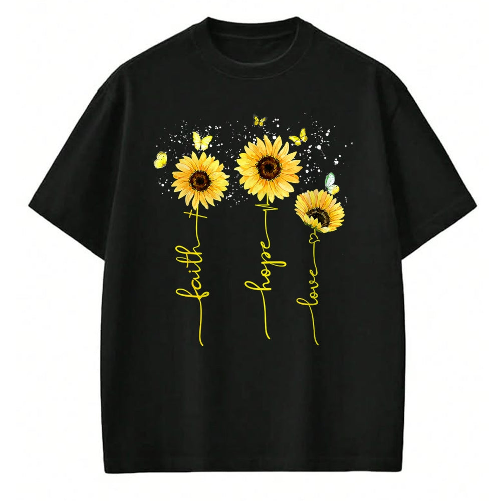 Christian Tee, Christian Faith Unisex T-Shirt/Hoodie/Sweatshirt HLT00 - Christian for Women Sunflower Faith Hope Love T-Shirt