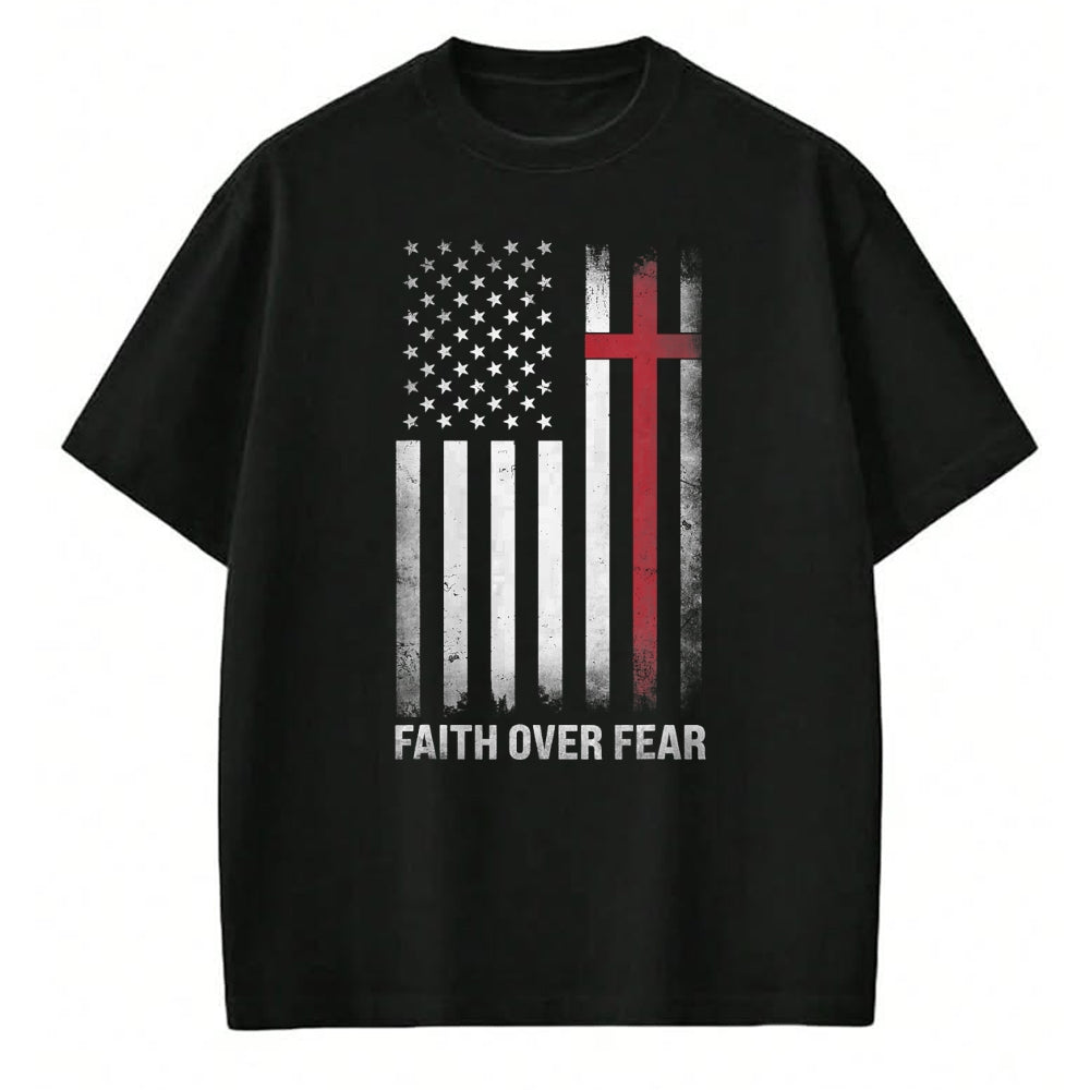 Christian Tee, Christian Faith Unisex T-Shirt/Hoodie/Sweatshirt HLT00 - Christian US USA Flag American Christ Faith Over Fear Cross T-Shirt (1)