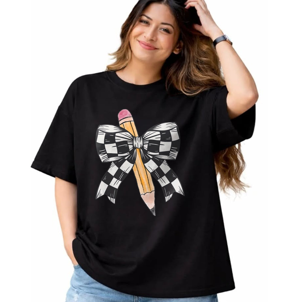 Best Student Shirt, Funny Back To School UnisexT-Shirt/Hoodie/Sweatshirt HLT00 - Back to School Day Checkerboard Coquette Bow Pencil Motivate T-Shirt