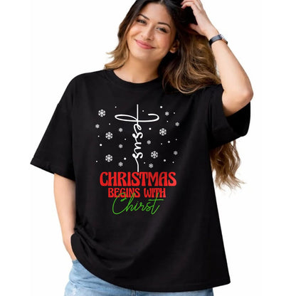 Christian Tee, Christian Faith Unisex T-Shirt/Hoodie/Sweatshirt HLT00 - Christmas Begins With Christ Cross Christian Religious Xmas T-Shirt