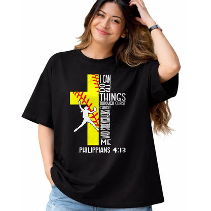 Christian Tee, Christian Faith Unisex T-Shirt/Hoodie/Sweatshirt HLT00 - I Can Do All Things Through Christ Softball Christian Bible T-Shirt