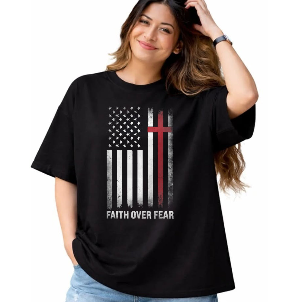 Christian Tee, Christian Faith Unisex T-Shirt/Hoodie/Sweatshirt HLT00 - Christian US USA Flag American Christ Faith Over Fear Cross T-Shirt (1)