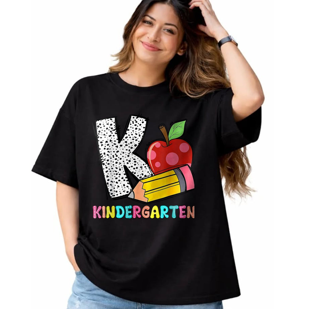 Best Student Shirt, Funny Back To School UnisexT-Shirt/Hoodie/Sweatshirt HLT00 - K is for Kindergarten Teacher Pencil Apple Back to School T-Shirt, Women, Lemon Yellow, Medium