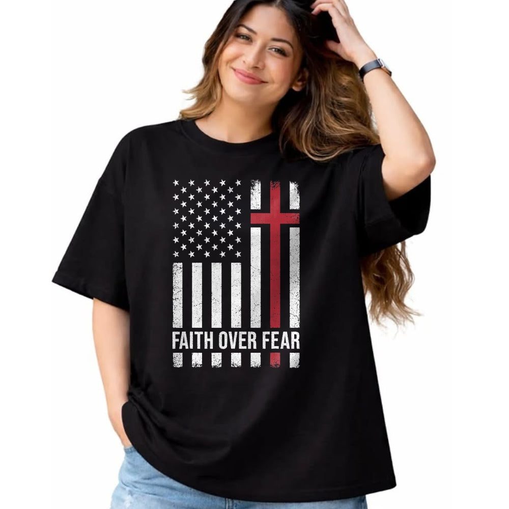 Christian Tee, Christian Faith Unisex T-Shirt/Hoodie/Sweatshirt HLT00 - Christian US USA Flag American Christ Faith Over Fear Cross T-Shirt