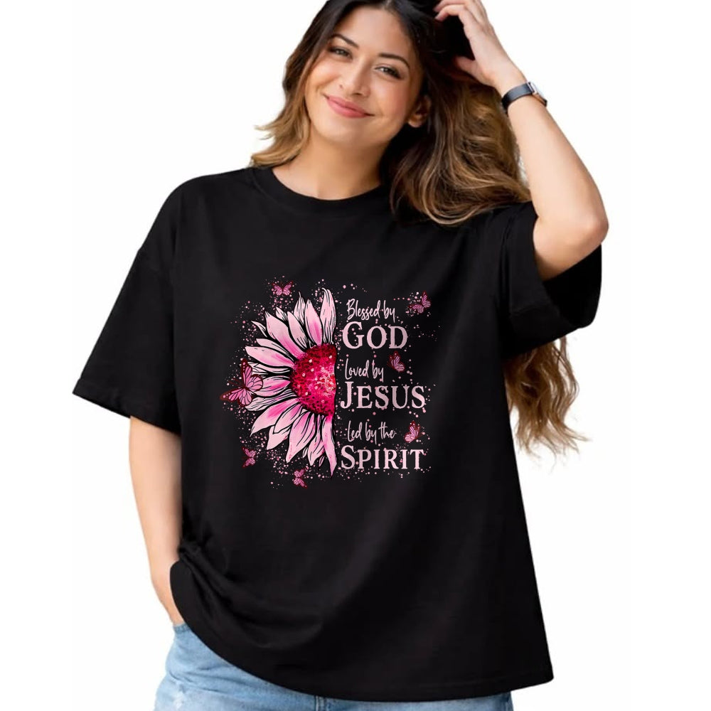 Christian Tee, Christian Faith Unisex T-Shirt/Hoodie/Sweatshirt HLT00 -  Blessed By God - Loved By Jesus Pink Sunflower T-Shirt