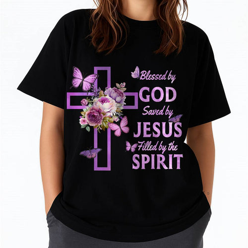 Blessed by God Saved by Jesus Purple Floral Cross Christian T-Shirt- For Women - Virgo00 (SKU2807-NI-08)