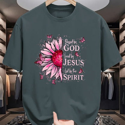 Christian Tee, Christian Faith Unisex T-Shirt/Hoodie/Sweatshirt HLT00 -  Blessed By God - Loved By Jesus Pink Sunflower T-Shirt