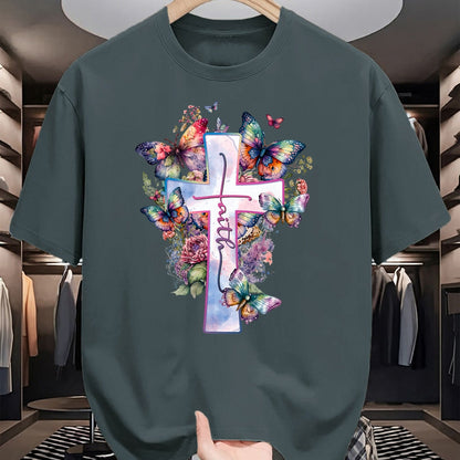 Christian Tee, Christian Faith Unisex T-Shirt/Hoodie/Sweatshirt HLT00 - Faith-Cross Floral Butterflies Christ Flowers Religious T-Shirt