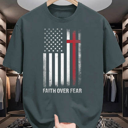 Christian Tee, Christian Faith Unisex T-Shirt/Hoodie/Sweatshirt HLT00 - Christian US USA Flag American Christ Faith Over Fear Cross T-Shirt (1)