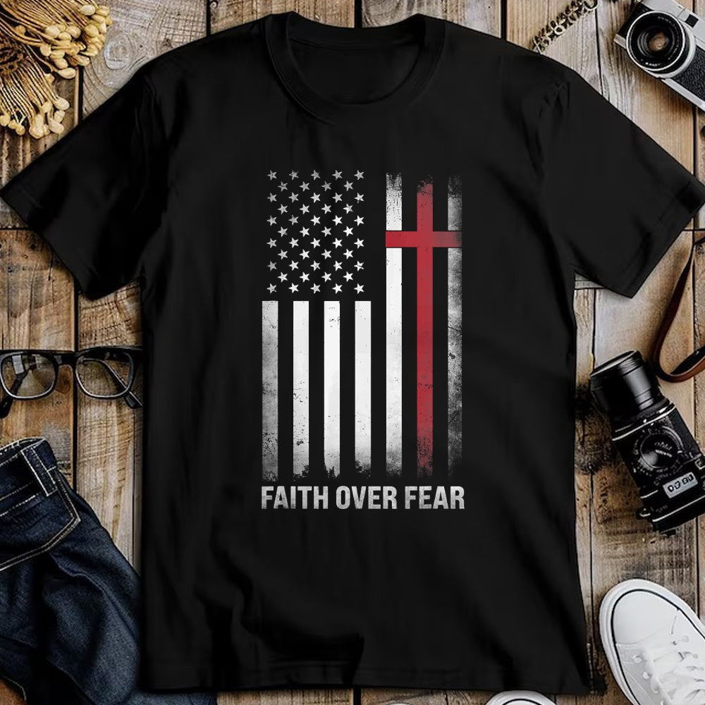 Christian Tee, Christian Faith Unisex T-Shirt/Hoodie/Sweatshirt HLT00 - Christian US USA Flag American Christ Faith Over Fear Cross T-Shirt (1)