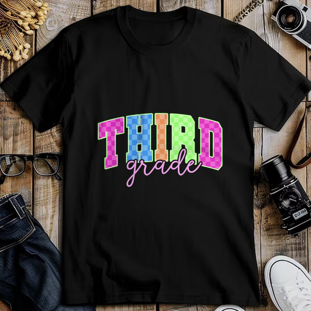 Best Student Shirt, Funny Back To School UnisexT-Shirt/Hoodie/Sweatshirt HLT00 - Back to School Neon Checkered Third Grade, Colorful Teacher T-Shirt