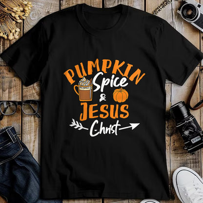 Christian Tee, Christian Faith Unisex T-Shirt/Hoodie/Sweatshirt HLT00 - Halloween Christian Pumpkin Spice And Jesus Christ Fall Leaf T-Shirt