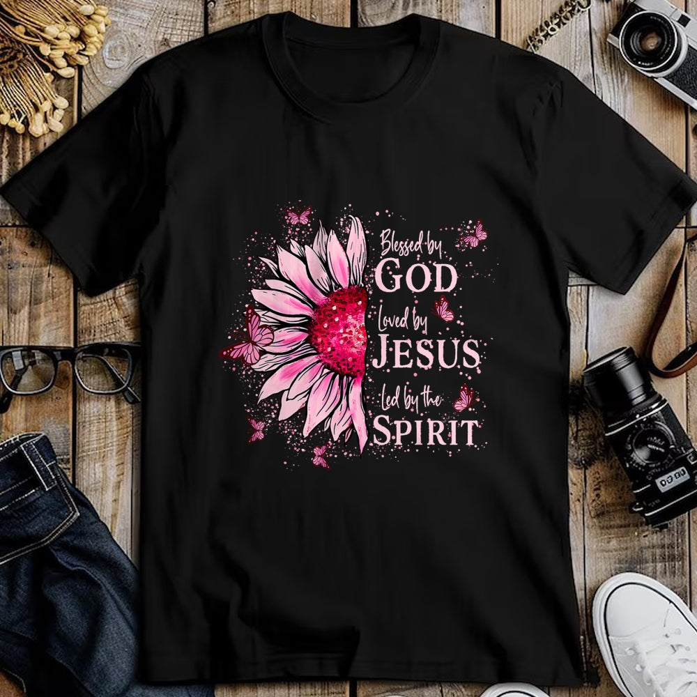 Christian Tee, Christian Faith Unisex T-Shirt/Hoodie/Sweatshirt HLT00 -  Blessed By God - Loved By Jesus Pink Sunflower T-Shirt