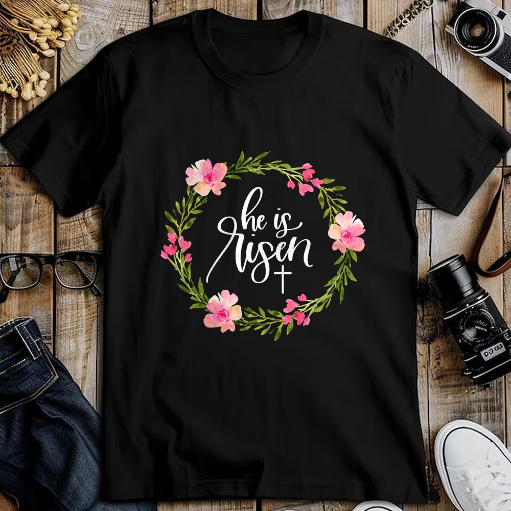 Christian Tee, Christian Faith Unisex T-Shirt/Hoodie/Sweatshirt HLT00 - He is Risen Jesus Christian Happy Easter Floral Wreath Shirt T-Shirt