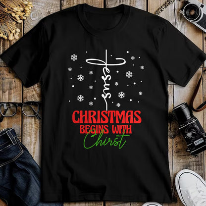 Christian Tee, Christian Faith Unisex T-Shirt/Hoodie/Sweatshirt HLT00 - Christmas Begins With Christ Cross Christian Religious Xmas T-Shirt