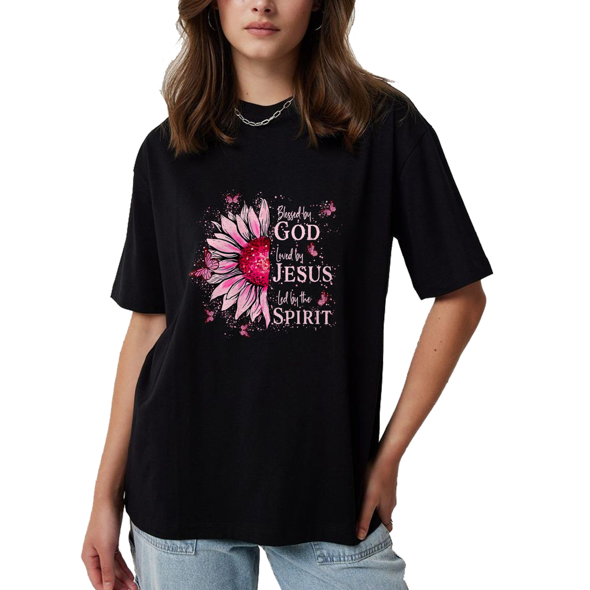 Christian Tee, Christian Faith Unisex T-Shirt/Hoodie/Sweatshirt HLT00 -  Blessed By God - Loved By Jesus Pink Sunflower T-Shirt