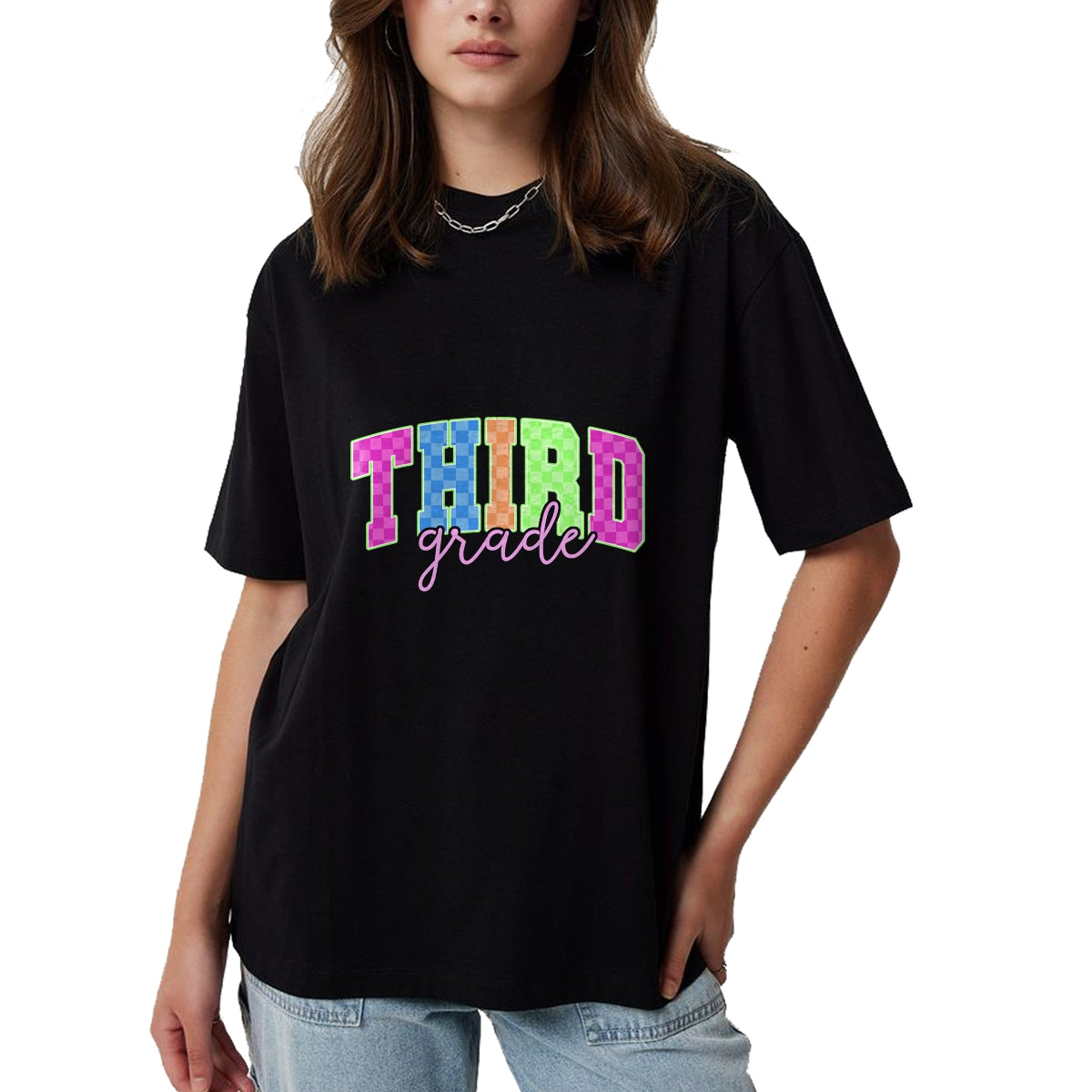 Best Student Shirt, Funny Back To School UnisexT-Shirt/Hoodie/Sweatshirt HLT00 - Back to School Neon Checkered Third Grade, Colorful Teacher T-Shirt