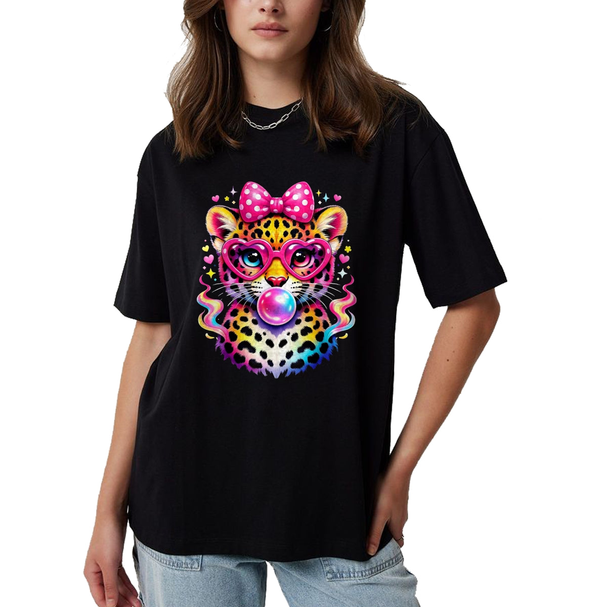Best Student Shirt, Funny Back To School UnisexT-Shirt/Hoodie/Sweatshirt HLT00 - Funny Leopard Glasses Blowing Bubble Gum Back to School Kids T-Shirt, Women, Black, Medium
