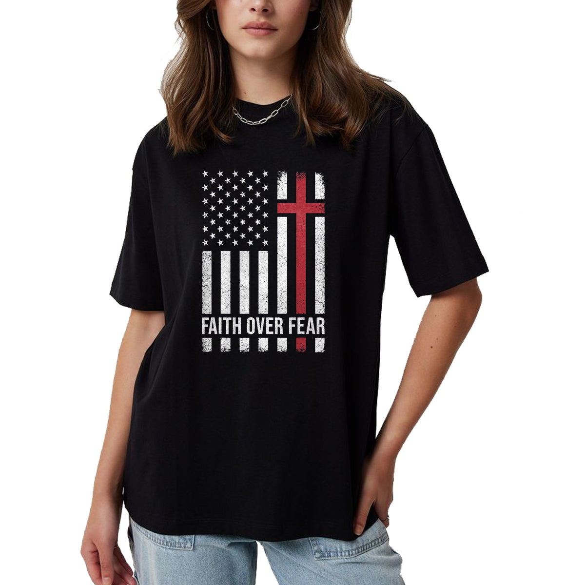 Christian Tee, Christian Faith Unisex T-Shirt/Hoodie/Sweatshirt HLT00 - Christian US USA Flag American Christ Faith Over Fear Cross T-Shirt