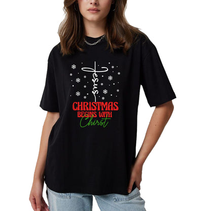 Christian Tee, Christian Faith Unisex T-Shirt/Hoodie/Sweatshirt HLT00 - Christmas Begins With Christ Cross Christian Religious Xmas T-Shirt