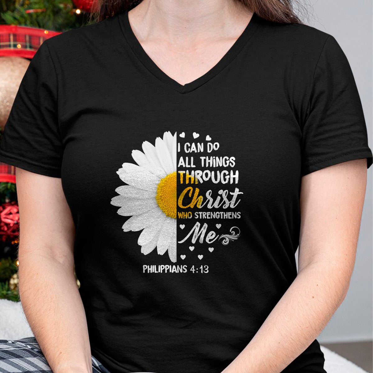 Christian Tee, Christian Faith Unisex T-Shirt/Hoodie/Sweatshirt HLT00 - I Can Do All Things Through Christ - Daisy Flower Religious T-Shirt (2)