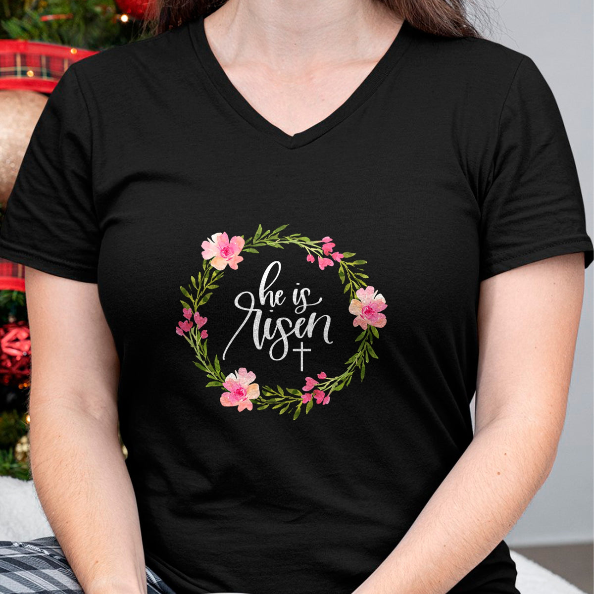 Christian Tee, Christian Faith Unisex T-Shirt/Hoodie/Sweatshirt HLT00 - He is Risen Jesus Christian Happy Easter Floral Wreath Shirt T-Shirt