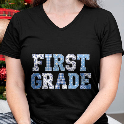 Best Student Shirt, Funny Back To School UnisexT-Shirt/Hoodie/Sweatshirt HLT00 - 1st First Grade Teacher Blue Patchwork Back to School Girls T-Shirt