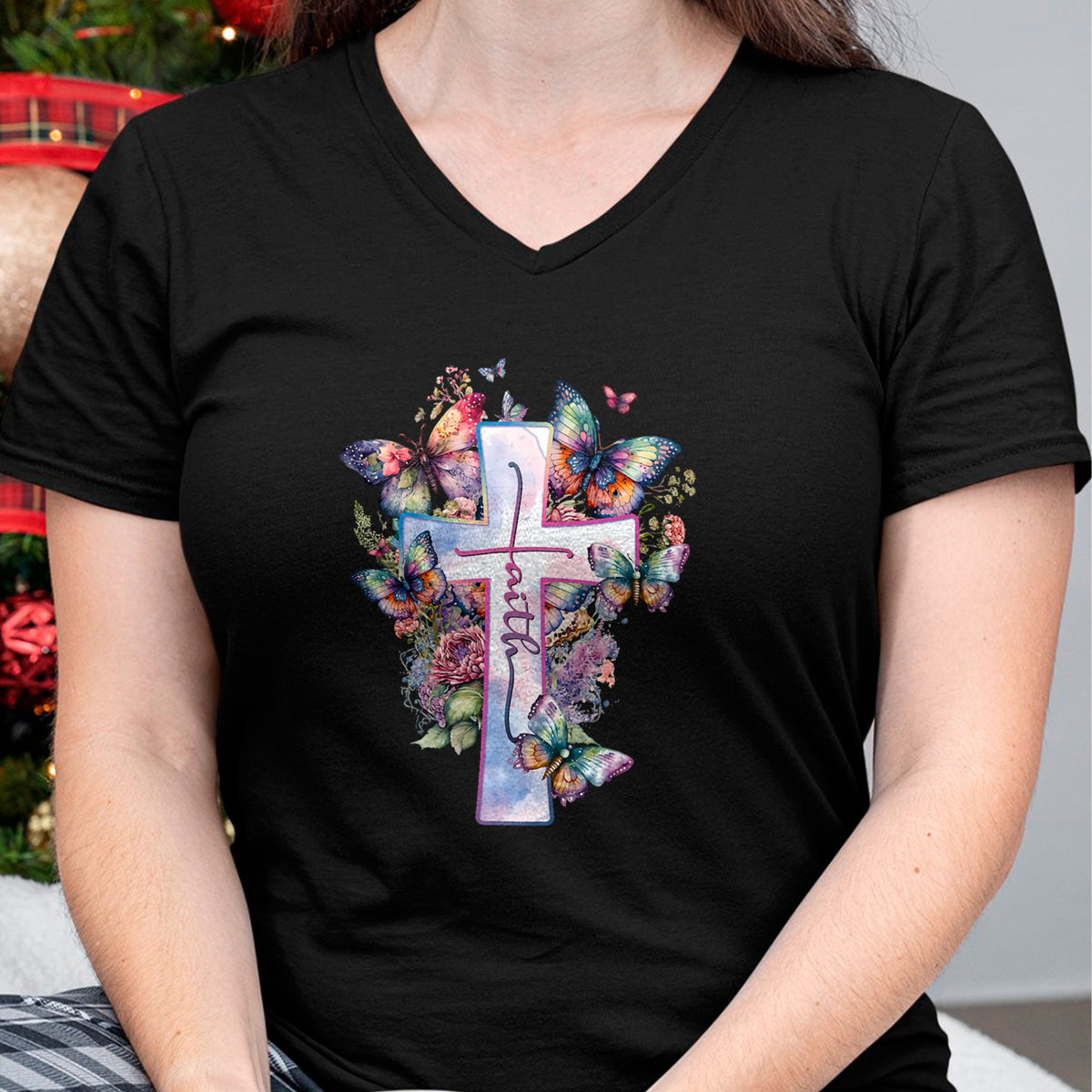 Christian Tee, Christian Faith Unisex T-Shirt/Hoodie/Sweatshirt HLT00 - Faith-Cross Floral Butterflies Christ Flowers Religious T-Shirt