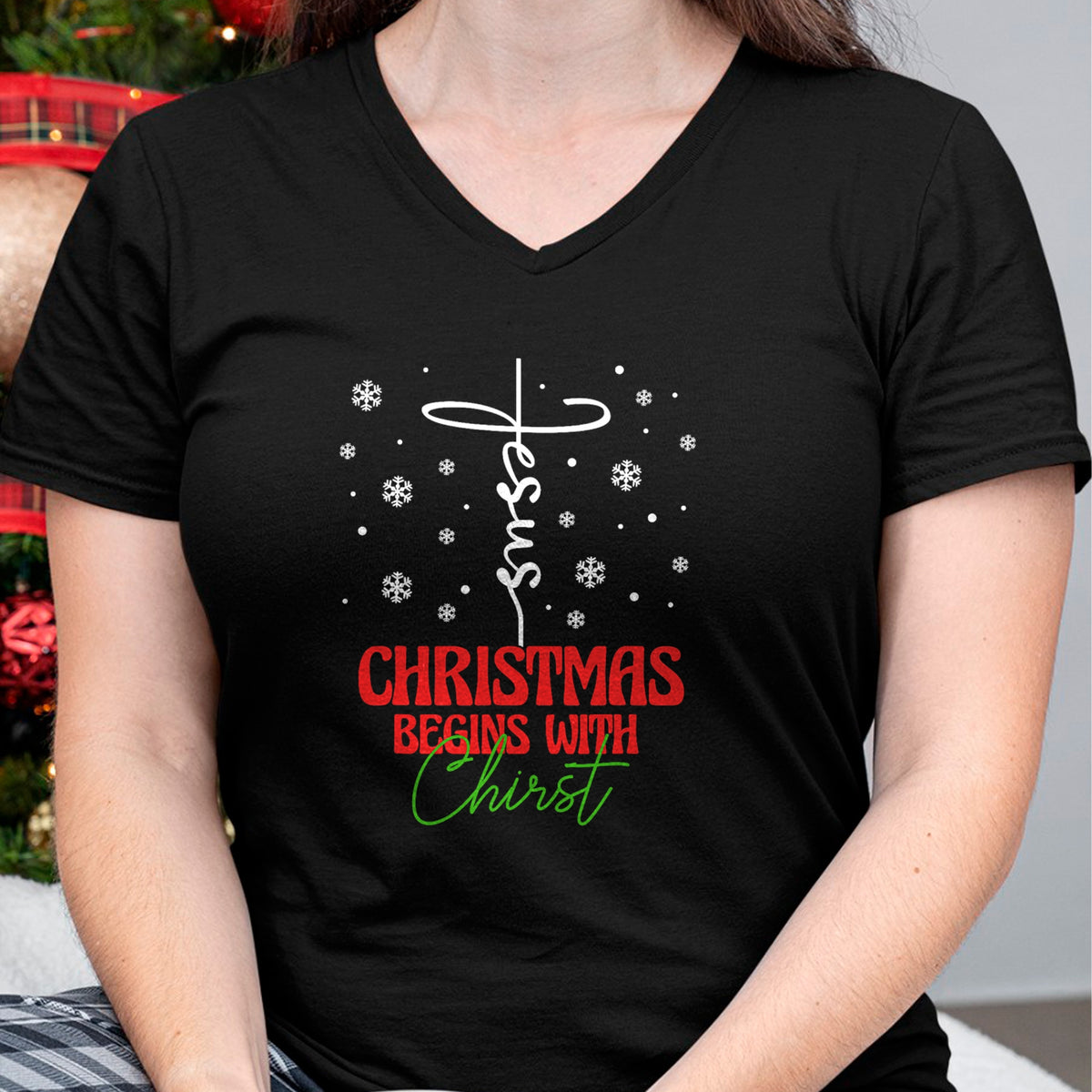 Christian Tee, Christian Faith Unisex T-Shirt/Hoodie/Sweatshirt HLT00 - Christmas Begins With Christ Cross Christian Religious Xmas T-Shirt