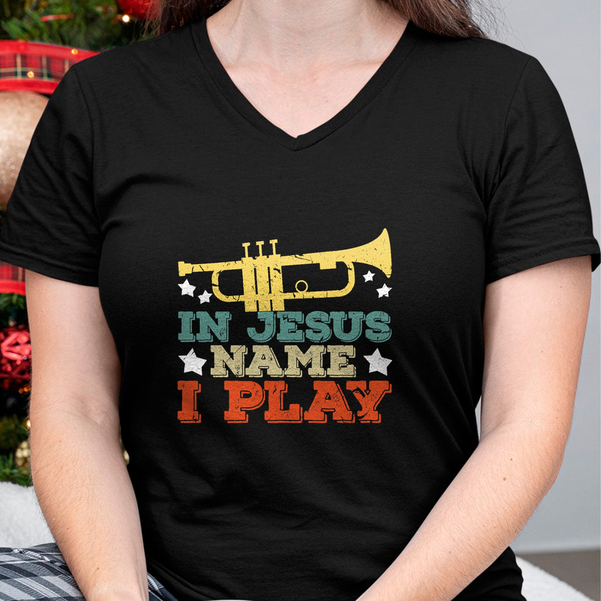 Christian Tee, Christian Faith Unisex T-Shirt/Hoodie/Sweatshirt HLT00 - In Jesus Name I Play Trumpet Christian Music Lover Gift T-Shirt
