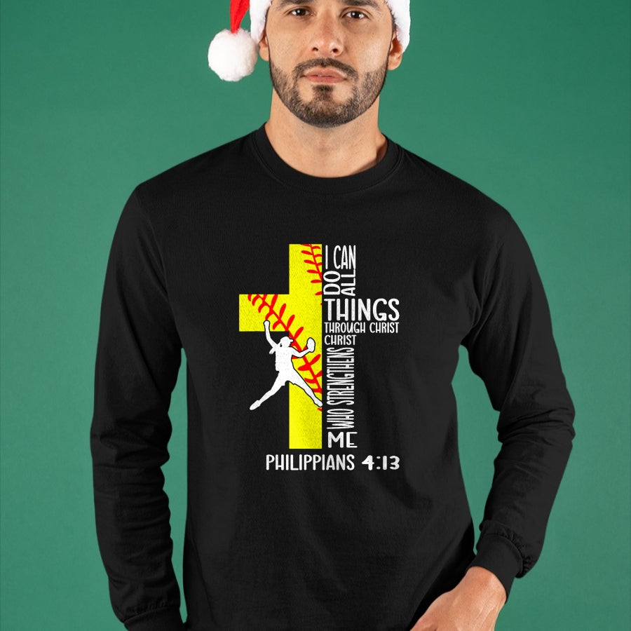 Christian Tee, Christian Faith Unisex T-Shirt/Hoodie/Sweatshirt HLT00 - I Can Do All Things Through Christ Softball Christian Bible T-Shirt