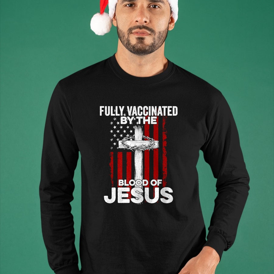 Christian Tee, Christian Faith Unisex T-Shirt/Hoodie/Sweatshirt HLT00 - Fully Vaccinated By The Blood Of Jesus Christian USA Flag T-Shirt