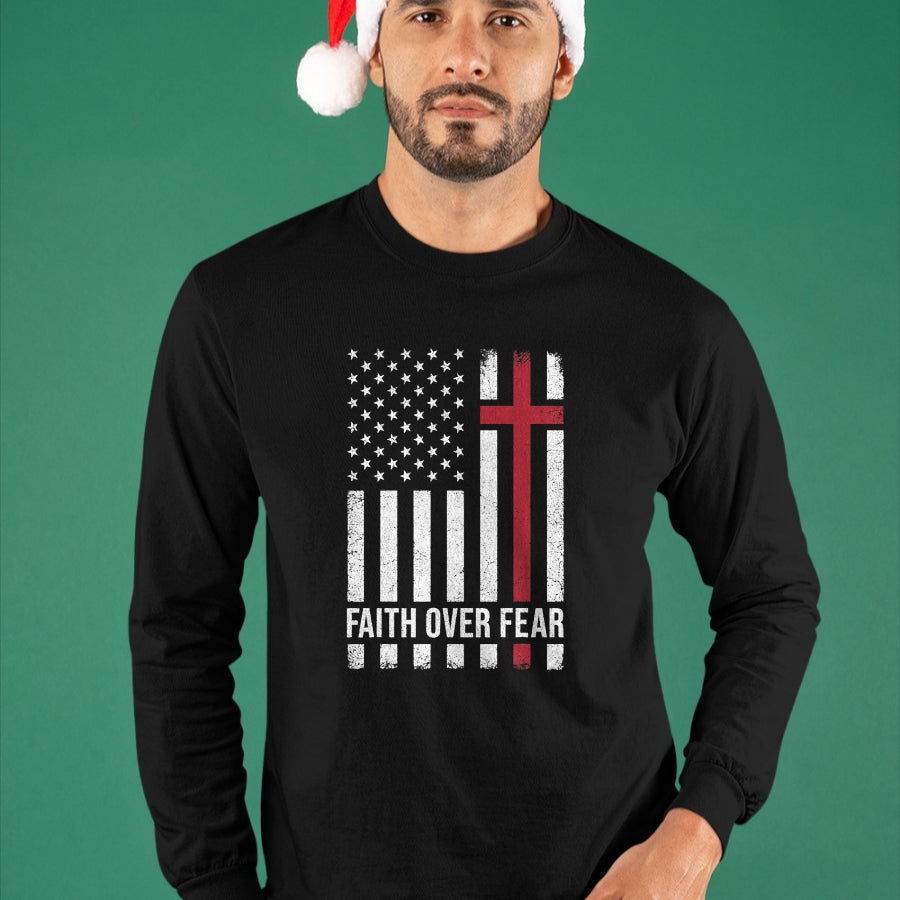 Christian Tee, Christian Faith Unisex T-Shirt/Hoodie/Sweatshirt HLT00 - Christian US USA Flag American Christ Faith Over Fear Cross T-Shirt