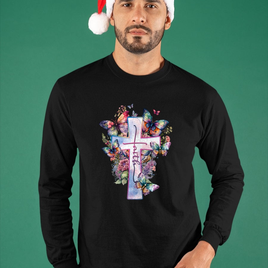 Christian Tee, Christian Faith Unisex T-Shirt/Hoodie/Sweatshirt HLT00 - Faith-Cross Floral Butterflies Christ Flowers Religious T-Shirt
