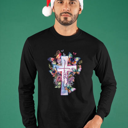 Christian Tee, Christian Faith Unisex T-Shirt/Hoodie/Sweatshirt HLT00 - Faith-Cross Floral Butterflies Christ Flowers Religious T-Shirt